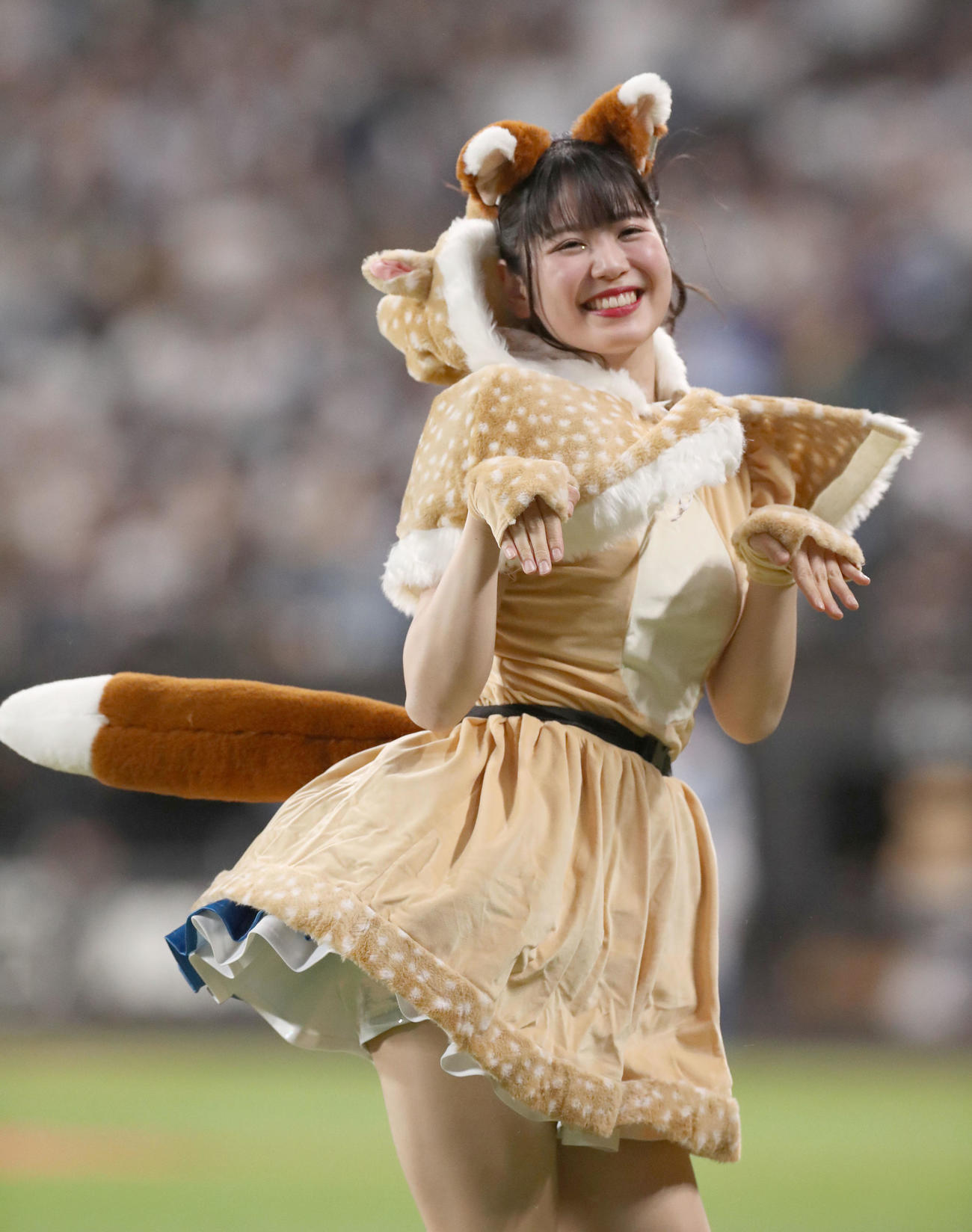 限定衣装できつねダンスを踊る滝谷美夢さん＝2023年5月25日