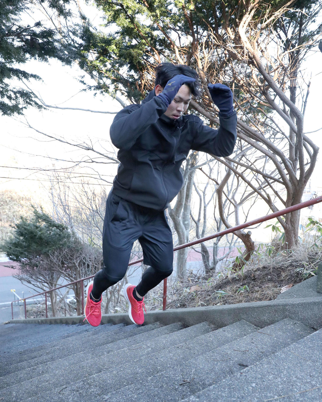 階段をジャンプして上がる日本ハム根本（撮影・黒川智章）