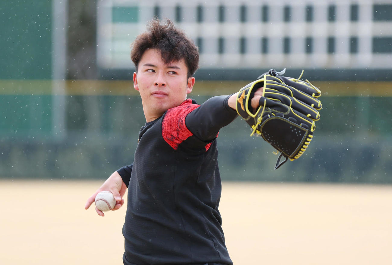 自主トレを公開し、キャッチボールする阪神椎葉（撮影・前田充）