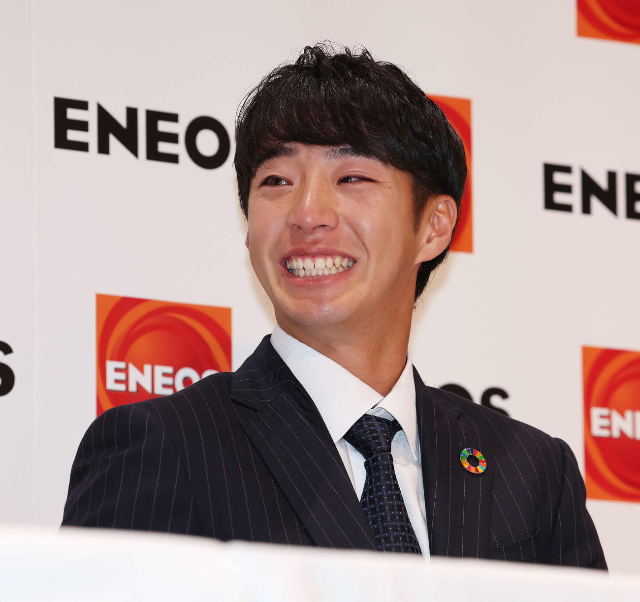 23年10月、DeNAから1位指名を受けうれし涙を流す度会隆輝