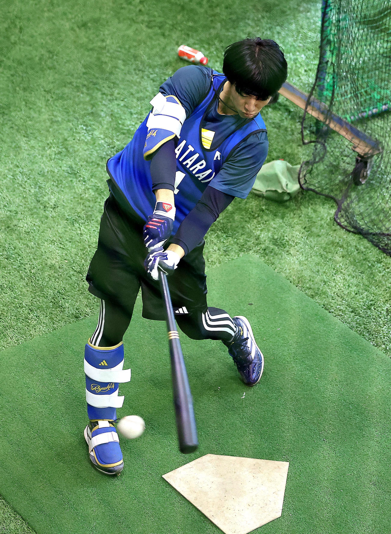 室内でトス打撃するDeNA度会（撮影・河田真司）