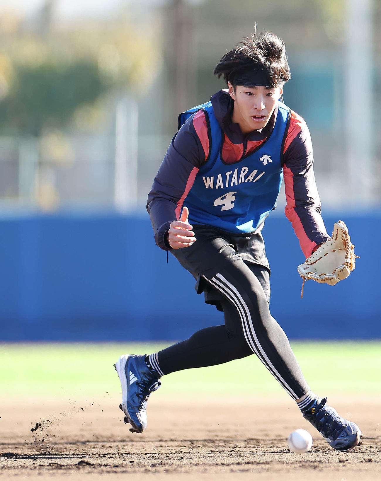守備練習でノックを受けるDeNA度会（撮影・河田真司）