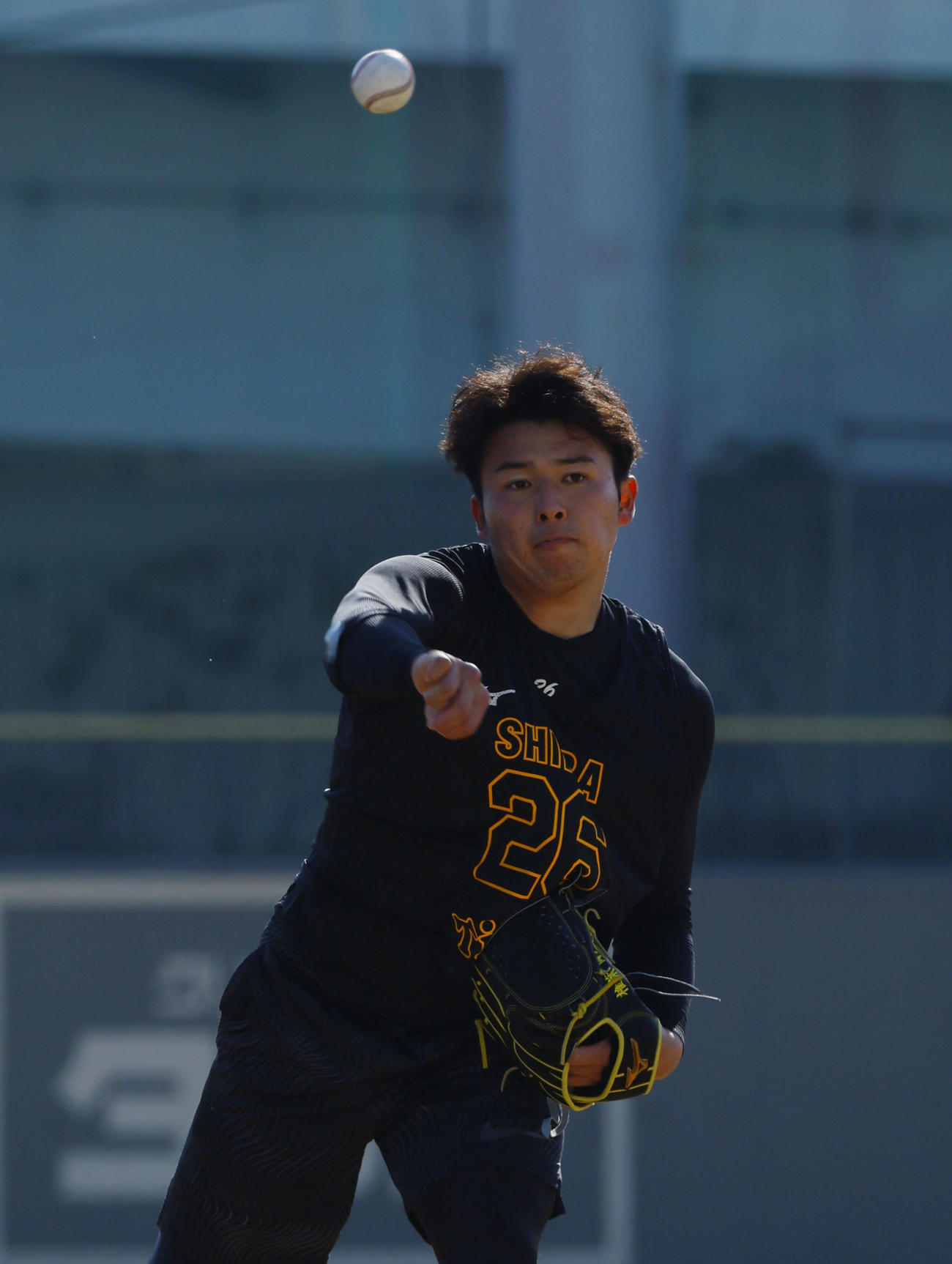 新人合同自主トレでキャッチボールをする椎葉（撮影・藤尾明華）