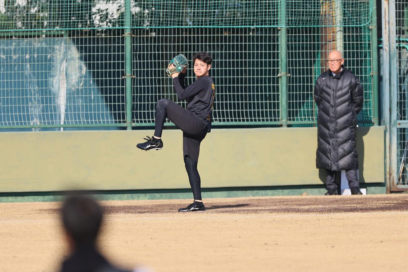 キャッチボールをするドラフト1位の下村海翔の連続写真（撮影・上田博志）