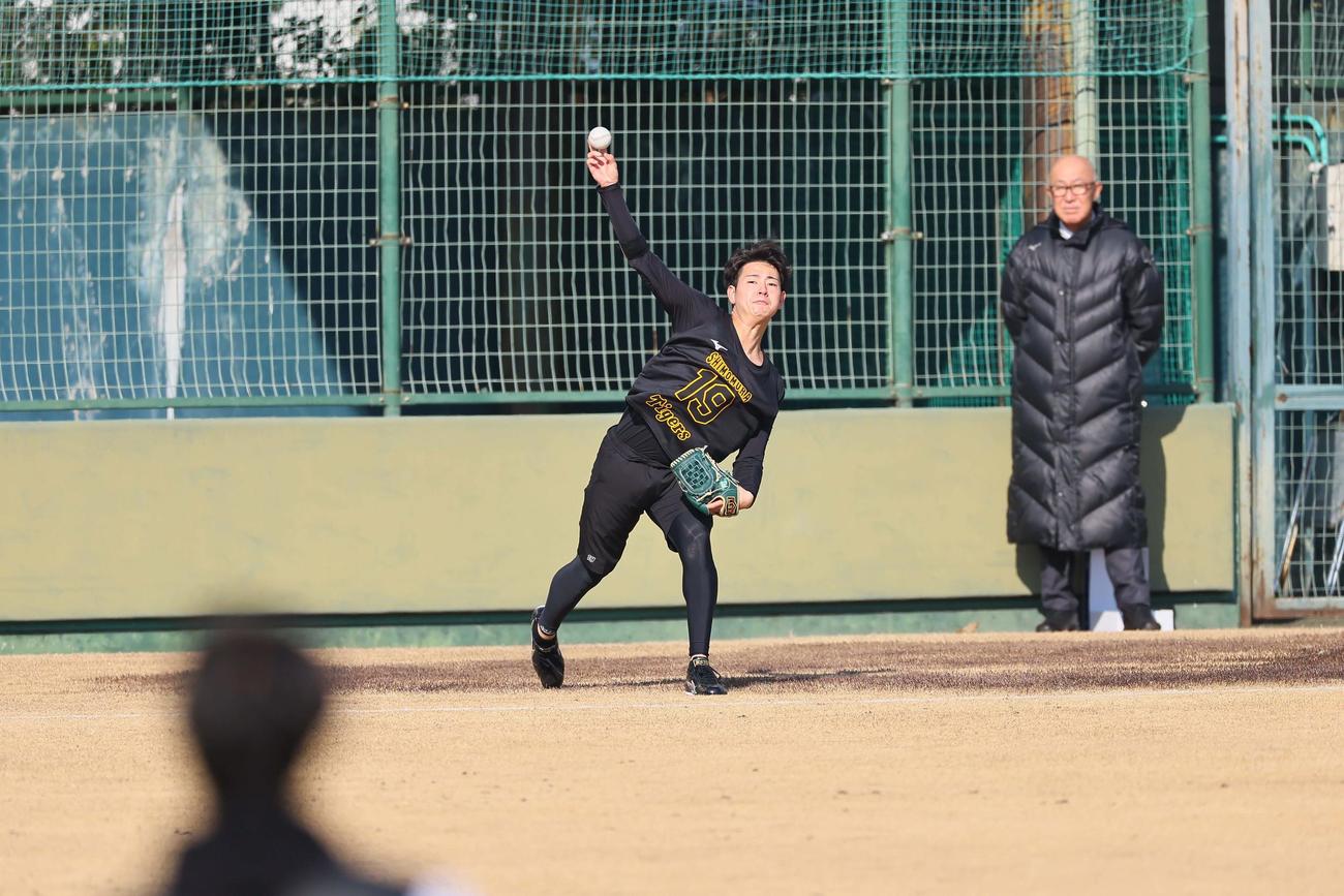 キャッチボールをするドラフト1位の下村海翔の連続写真（撮影・上田博志）