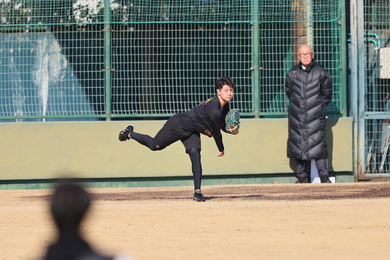 キャッチボールをするドラフト1位の下村海翔の連続写真（撮影・上田博志）