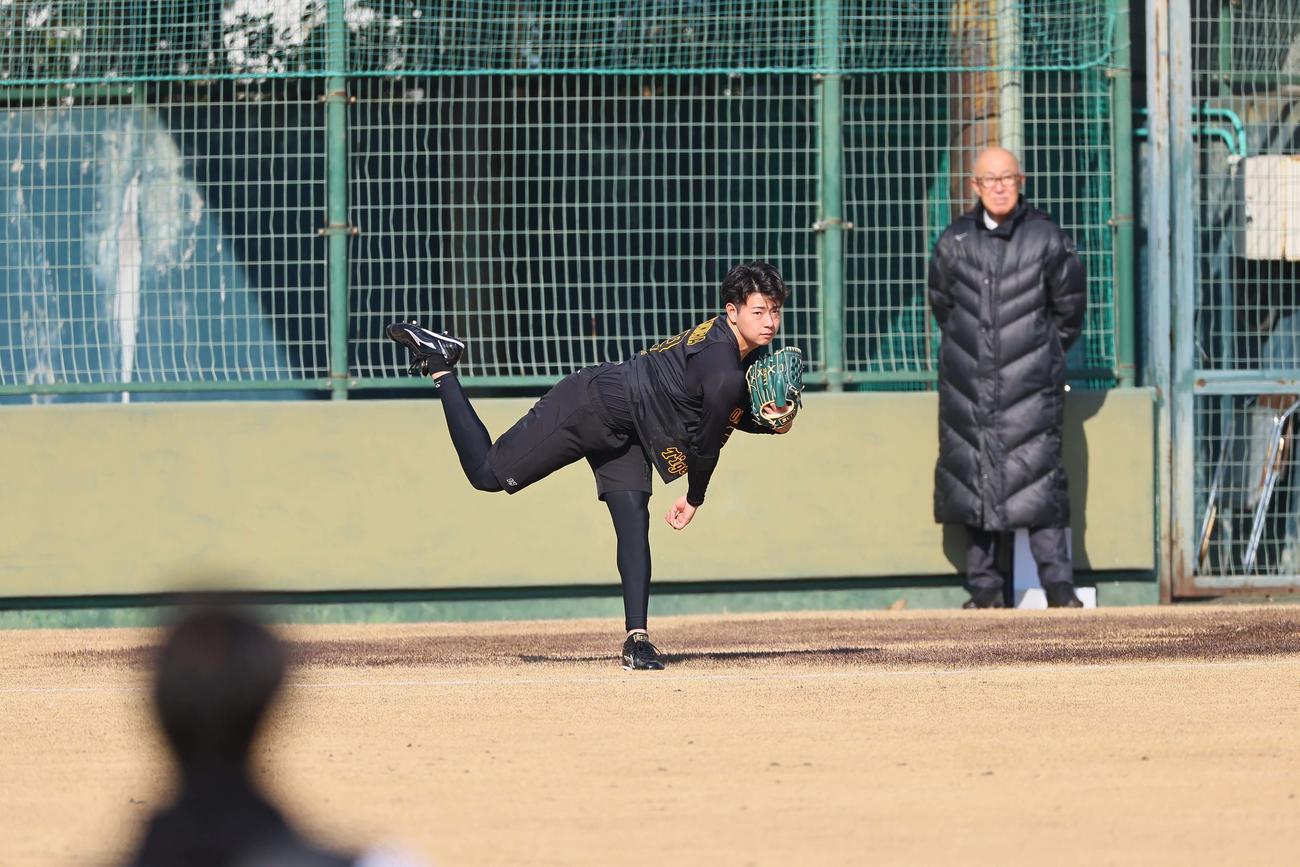 キャッチボールをするドラフト1位の下村海翔の連続写真（撮影・上田博志）