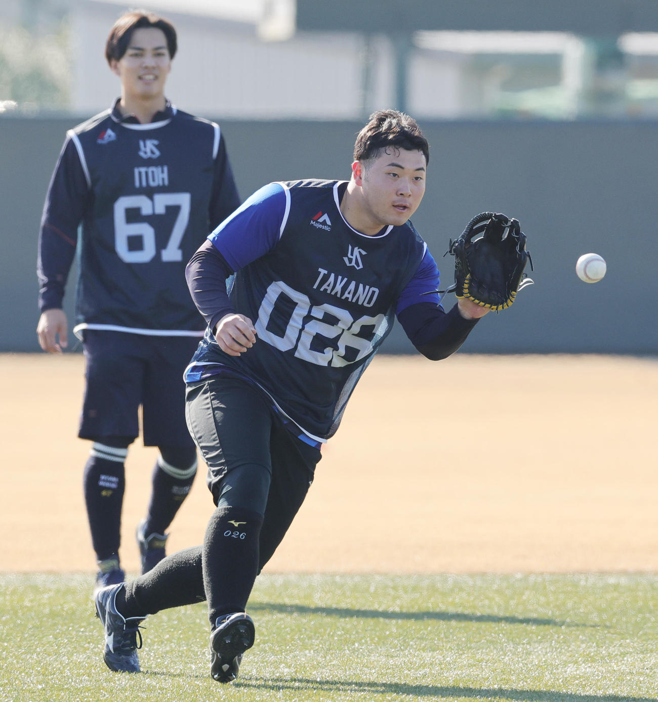 新人合同自主トレ初日にノックを受けるヤクルト育成ドラフト2位の高野（撮影・野上伸悟）