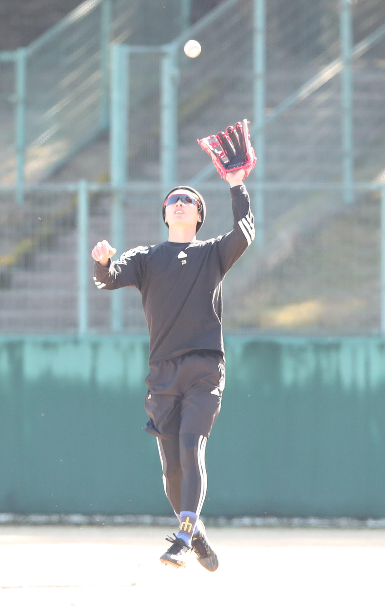 守備練習で軽快な動きを見せる周東（撮影・梅根麻紀）