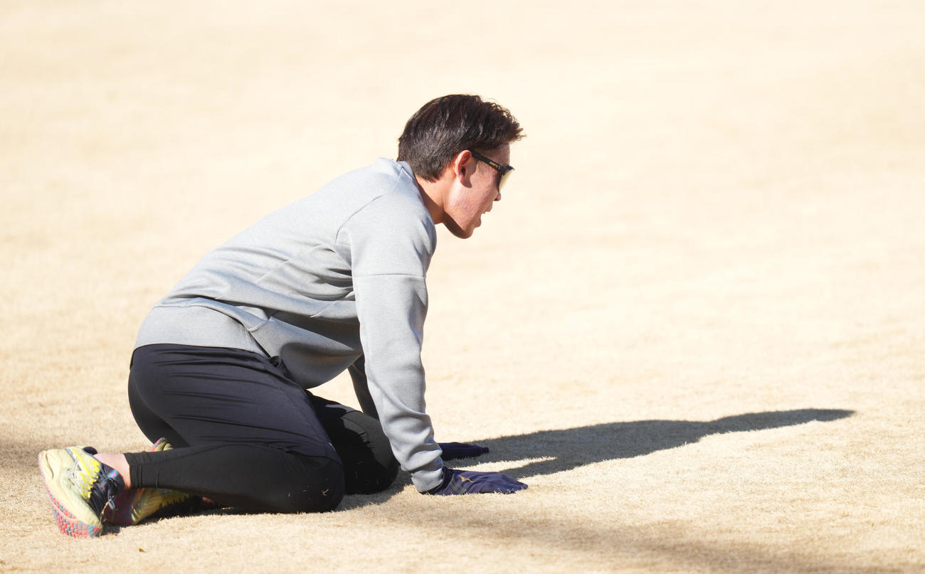 自主トレでダッシュを繰り返し、倒れ込む日本ハム根本（撮影・菅敏）