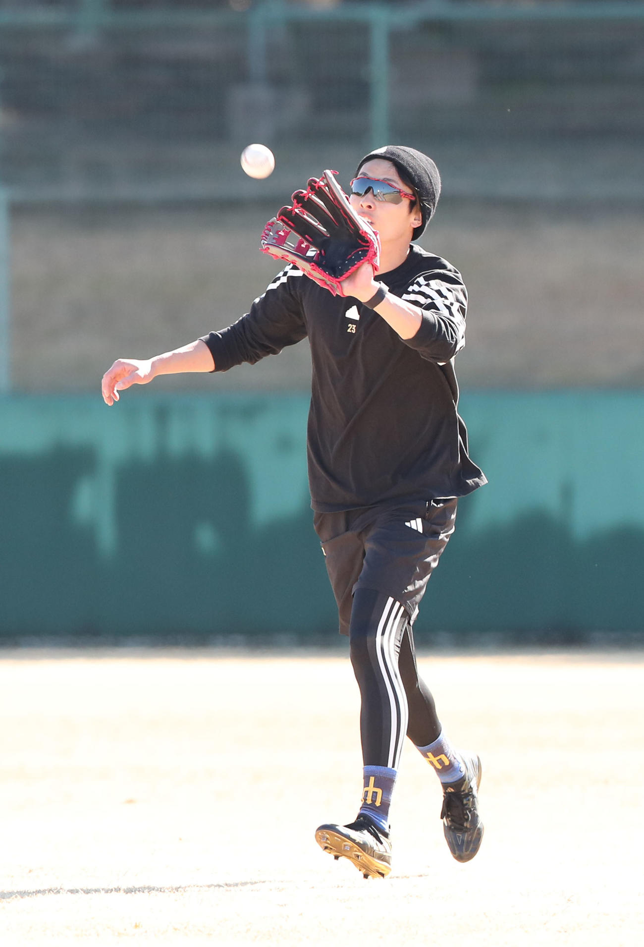 守備練習で軽快な動きを見せる周東（撮影・梅根麻紀）