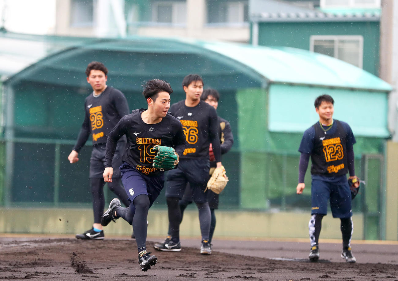 投内連係に励む阪神下村（手前）ら（撮影・上山淳一）