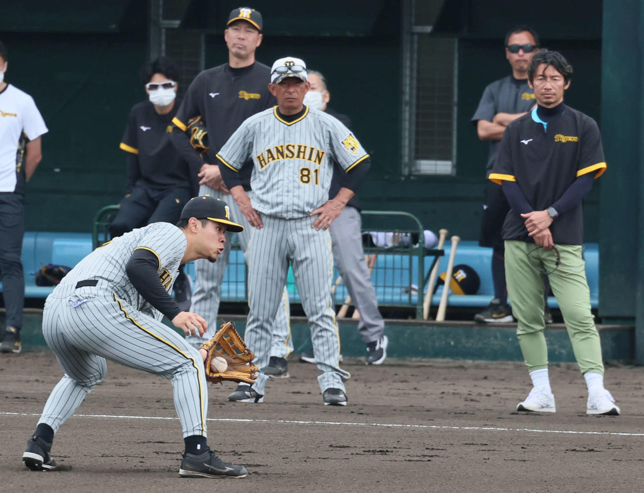 昨年のキャンプで鳥谷氏の前で連係プレー練習を行う佐藤輝