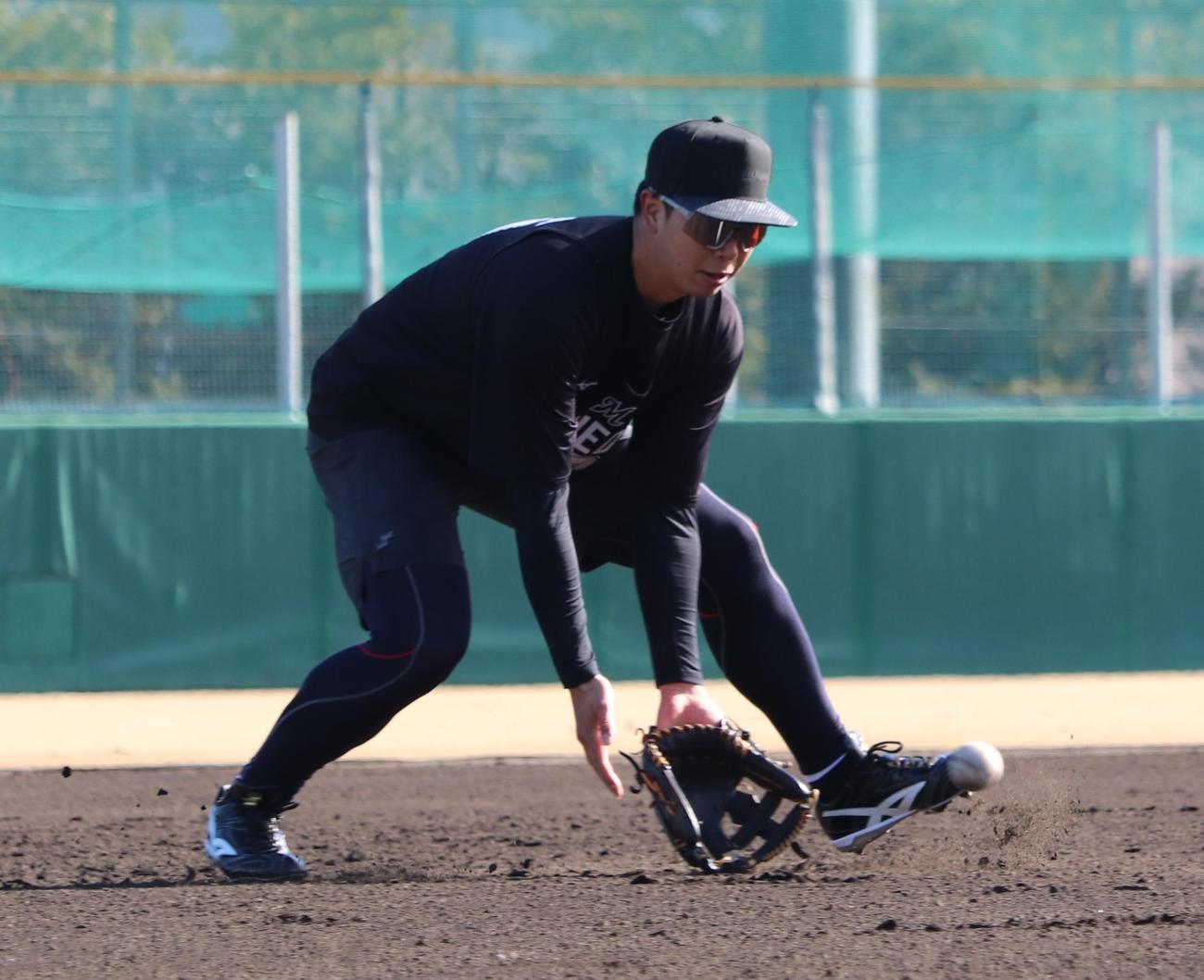 新人合同自主トレでノックを受けるロッテ上田（撮影・古川真弥）