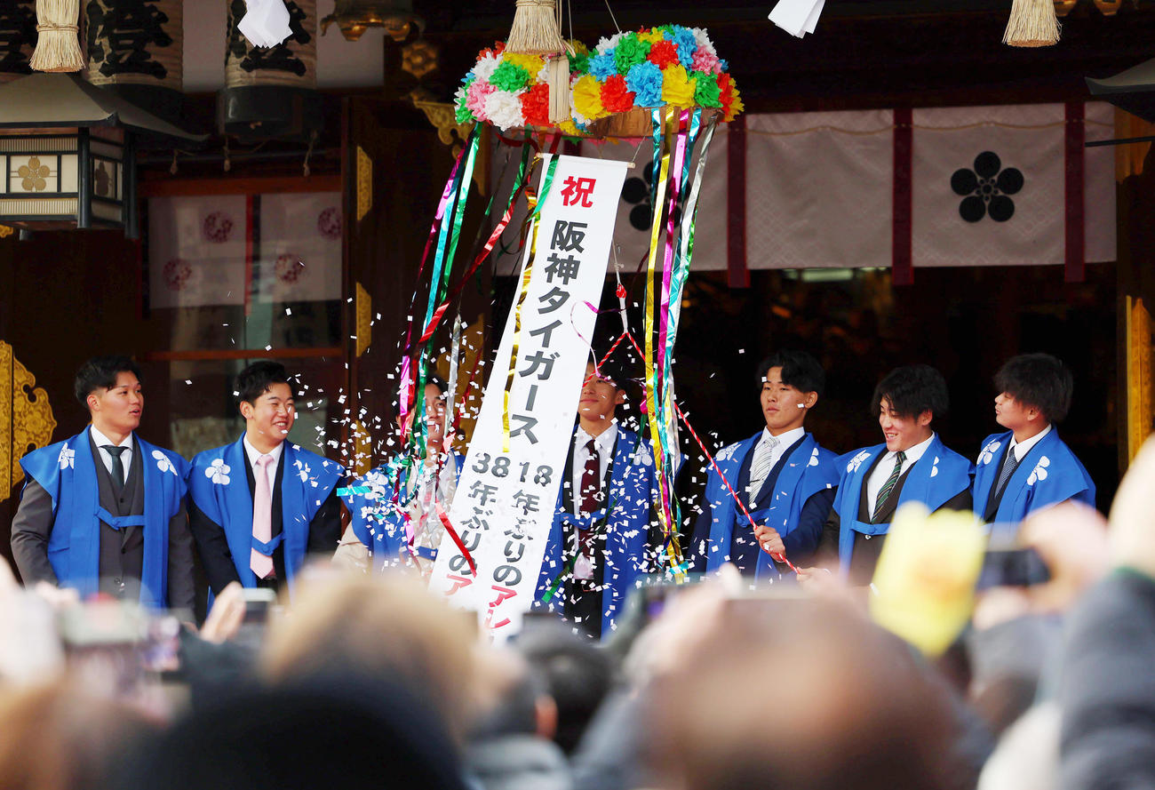 くす玉を割る阪神の選手たち。左から森下、門別、井坪、茨木、戸井、富田、野口（撮影・前田充）