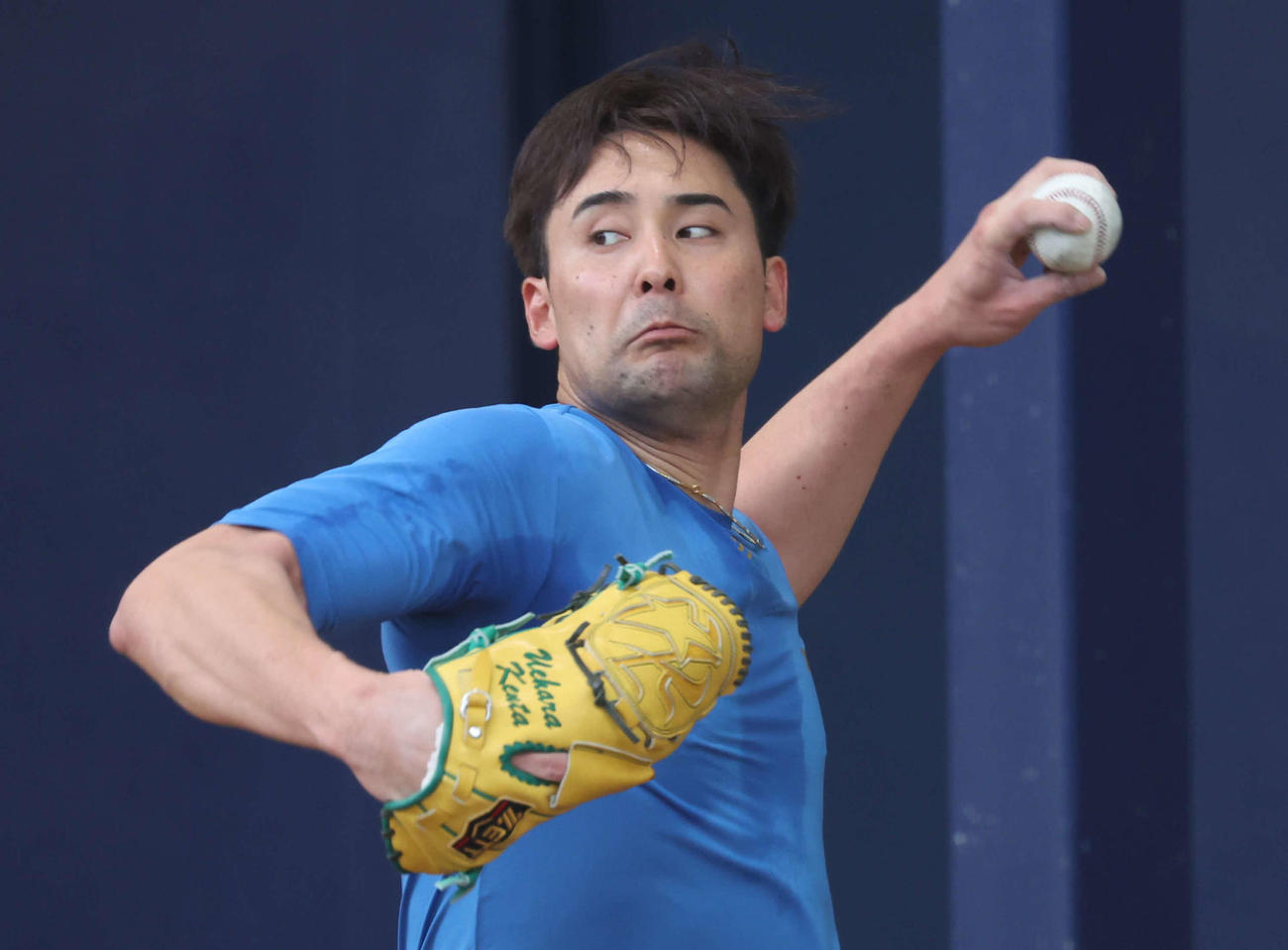 ブルペンで投球する日本ハム上原（撮影・黒川智章）