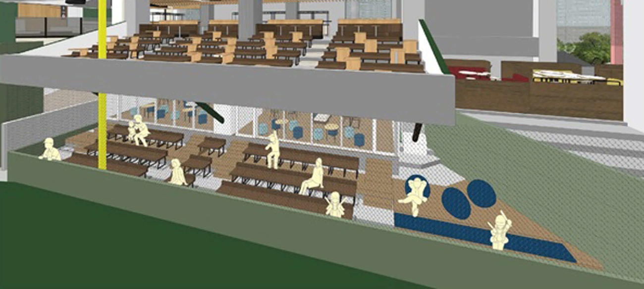 2024年マツダスタジアム新席種「すごいびっくりテラス」誕生。外野砂かぶり席がリニューアル。室内エリア前側ベンチシート（球団提供）