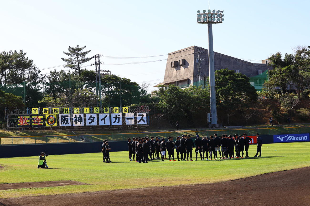 合同自主トレを前に円陣を組む阪神ナイン（撮影・藤尾明華）