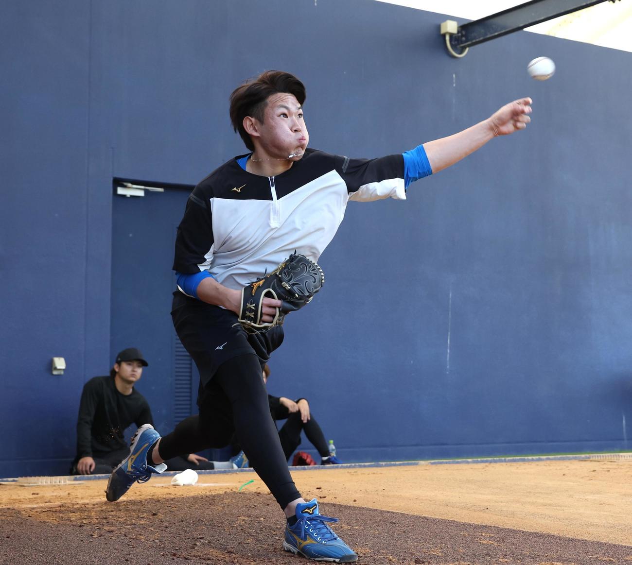 ブルペンで投球する日本ハム根本（撮影・黒川智章）