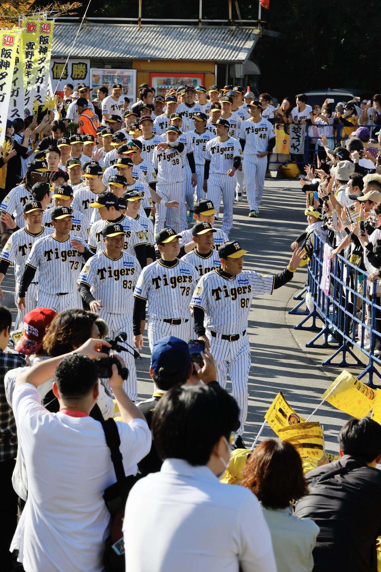 キャンプインを前にパレードする岡田監督ら阪神の選手たち（撮影・藤尾明華）