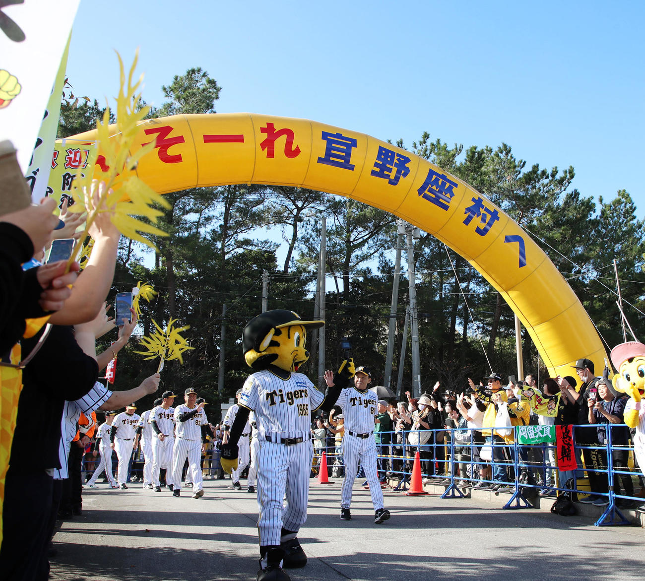 球場敷地内をパレードする岡田監督ら阪神ナイン（撮影・加藤哉）