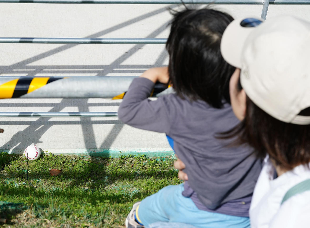 ランチ特打でのヤクルト村上の場外弾を見つめる親子（撮影・横山健太）