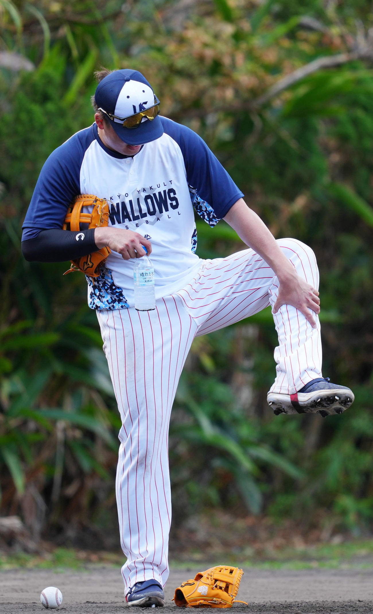 特守中に足がつってしまい痛がるヤクルト村上（撮影・横山健太）