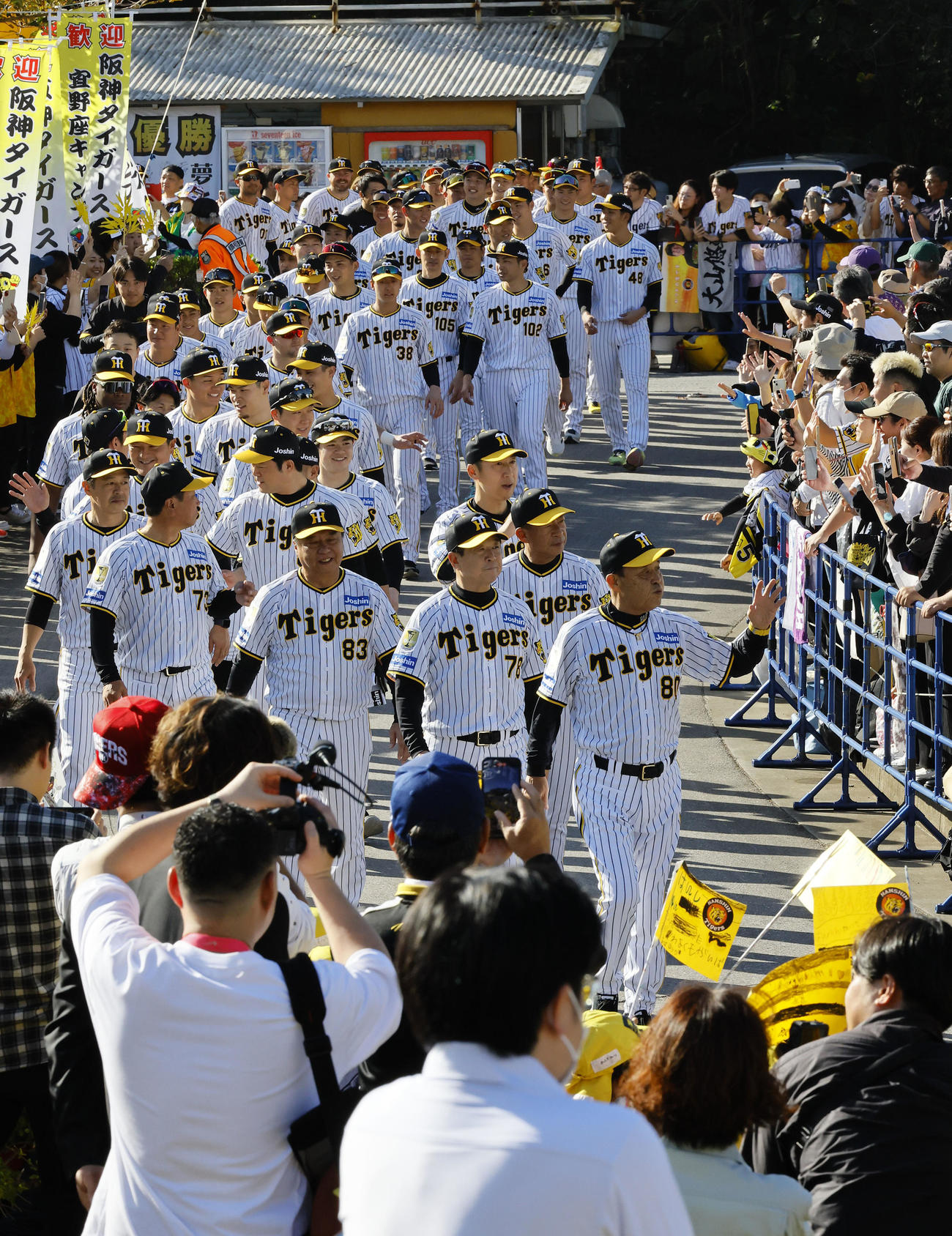 プチパレードでファンに手を振る岡田監督ら阪神ナイン（撮影・藤尾明華）