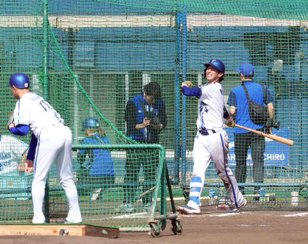 フリー打撃の初球、いきなり柵越えをするDeNA度会（撮影・たえ見朱実）