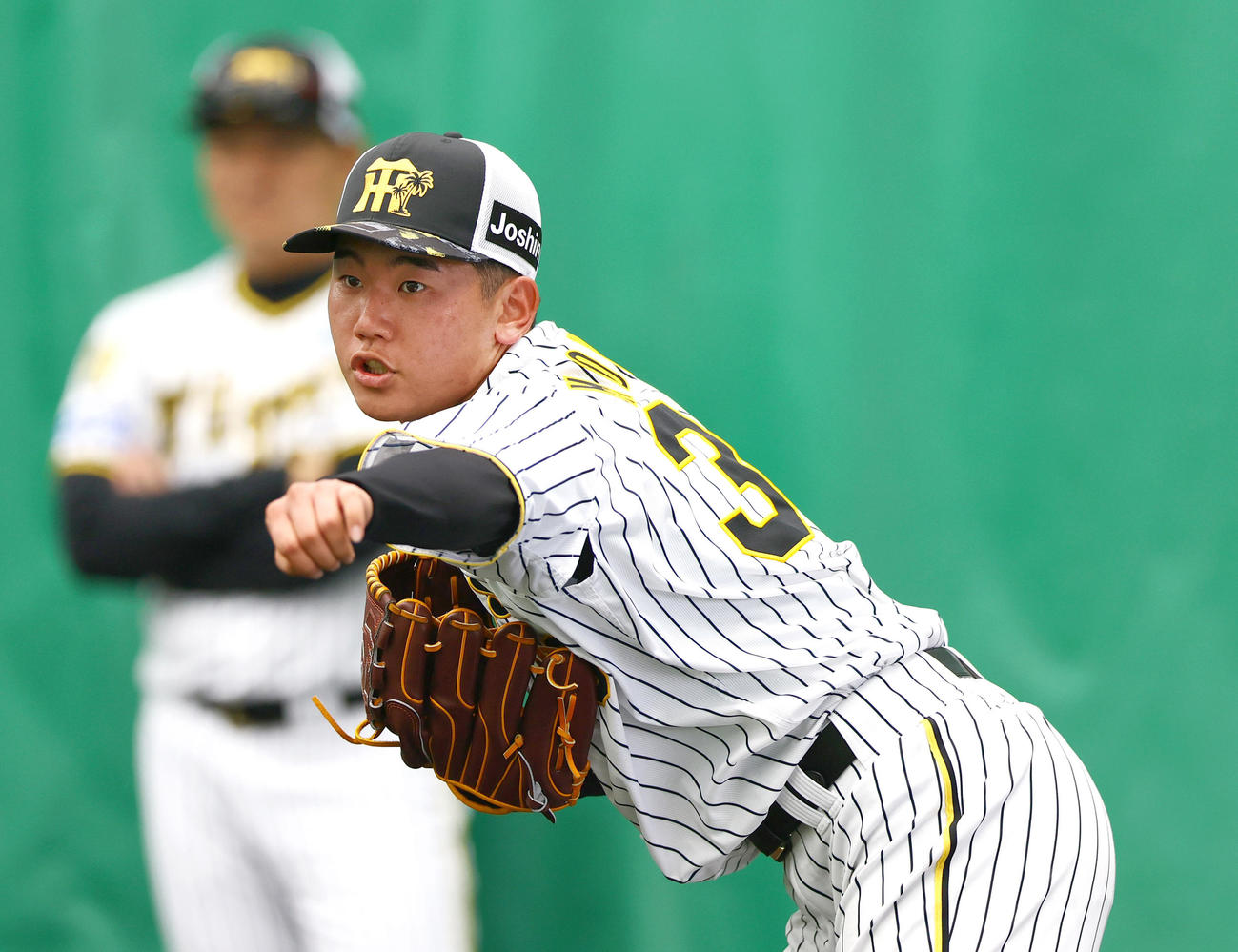 ブルペンで投球する阪神門別（撮影・上山淳一）