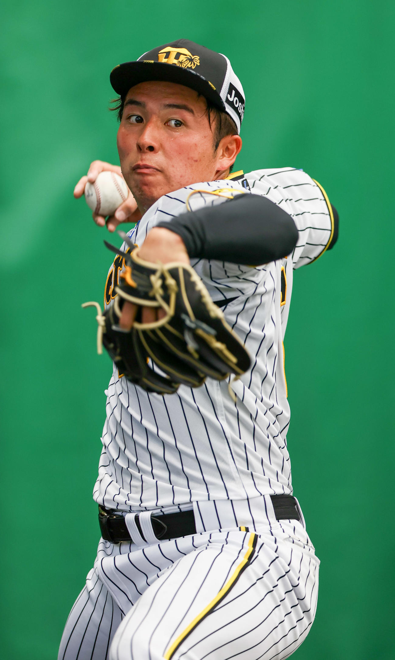 ブルペンで投げ込む阪神椎葉（撮影・上山淳一）