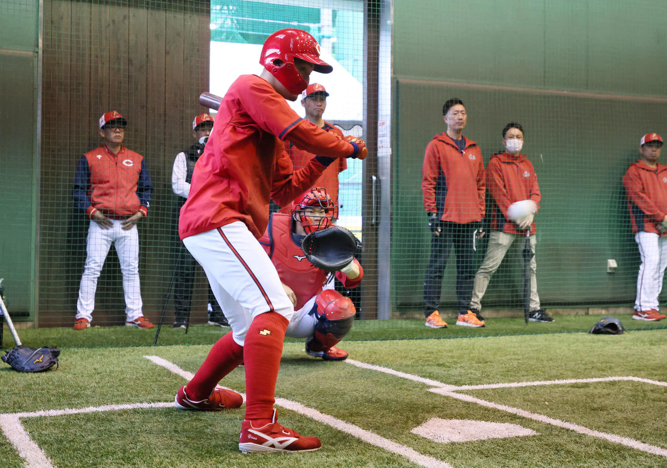 広島森下の球を受ける坂倉と打球をチェックする矢野（撮影・加藤孝規）