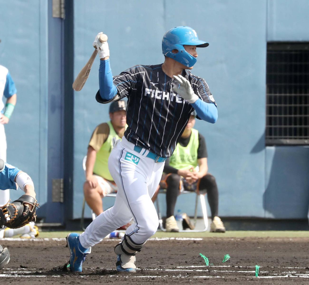 日本ハム紅白戦　1回表紅組2死、中前打を放つ石井（撮影・黒川智章）