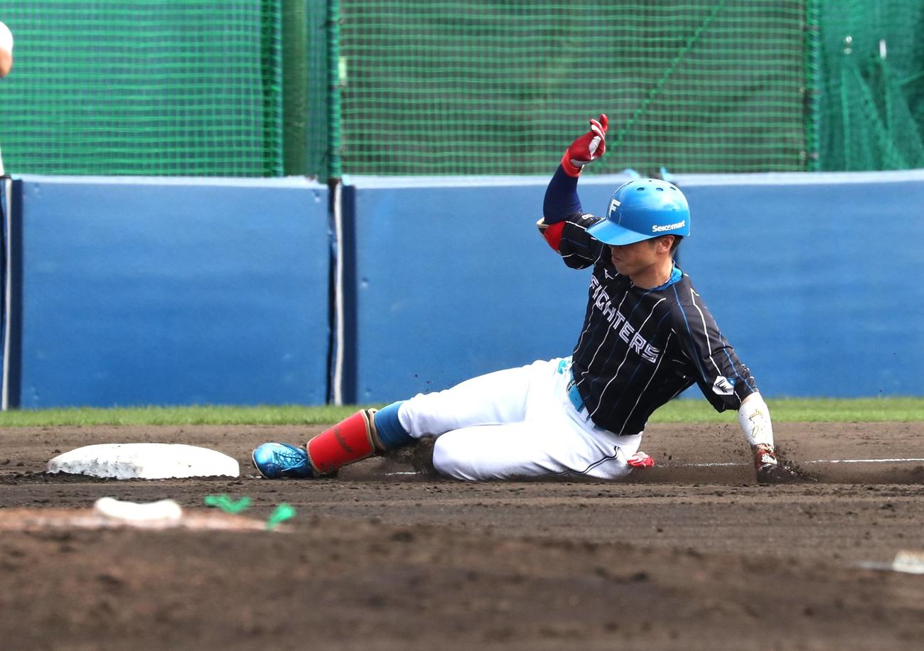日本ハム紅白戦　5回表紅組2死、右翼線に三塁打を放つ五十幡（撮影・黒川智章）