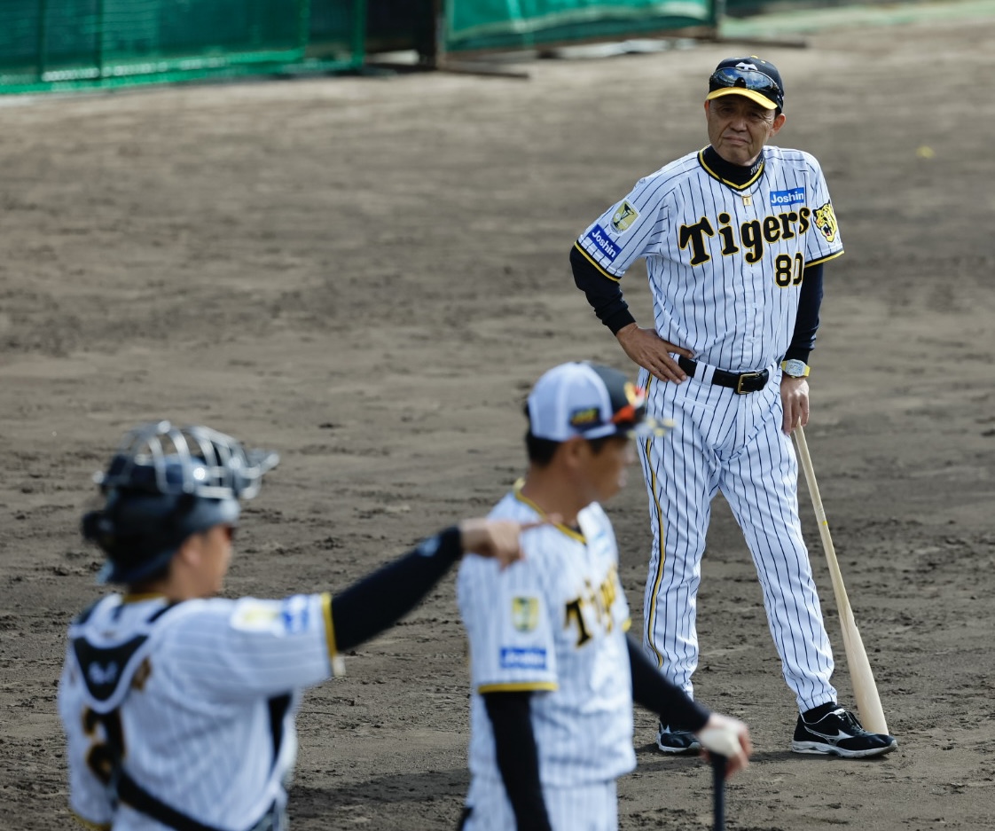 阪神春季キャンプ　投内連携を見つめる岡田彰布監督（撮影・藤尾明華）