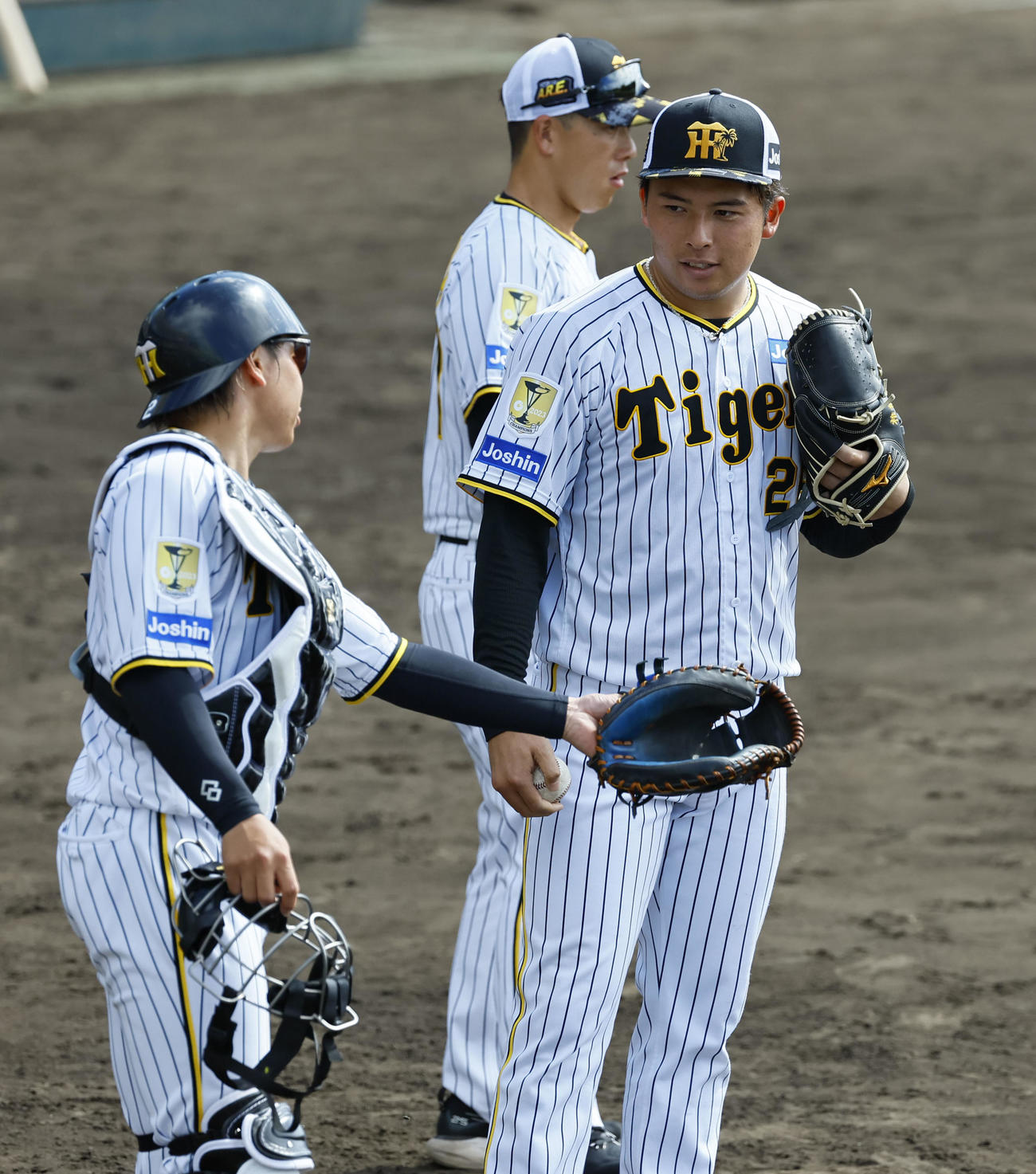 投内連携の合間に梅野（左）と話をする椎葉（撮影・藤尾明華）