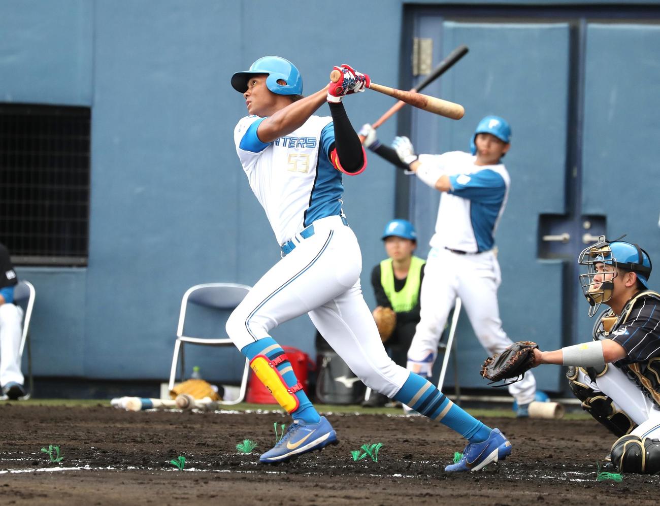 日本ハム紅白戦　2回裏白組1死、右中間に本塁打を放つ水谷（撮影・黒川智章）