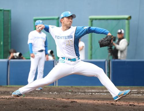日本ハム紅白戦　7回に登板の白組柿木（撮影・黒川智章）