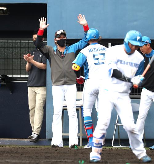 日本ハム紅白戦　2回裏白組1死、右中間に本塁打を放った水谷を出迎える新庄監督（撮影・黒川智章）