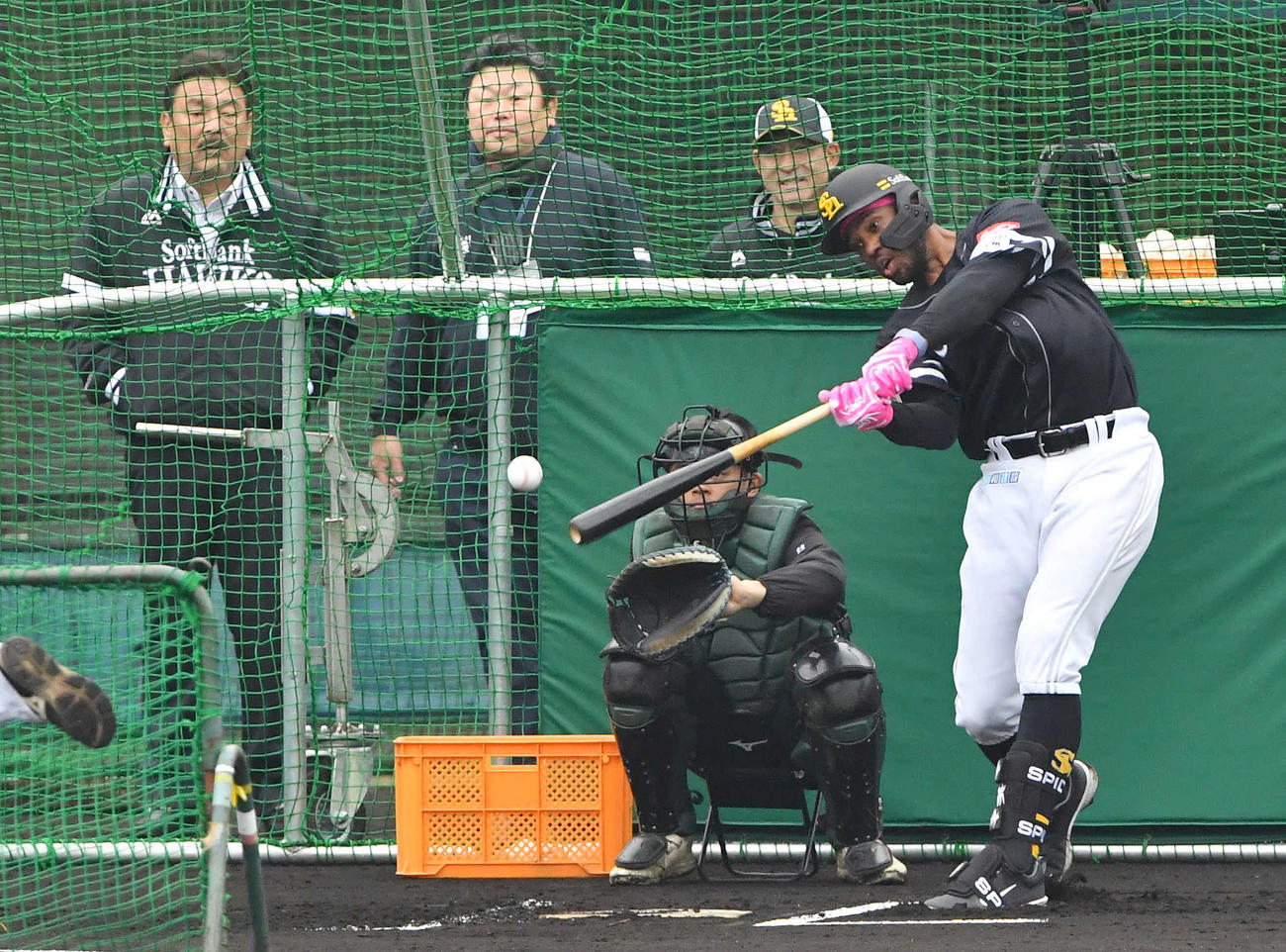 ランチ特打で、左から藤本球団統括本部付特別アドバイザー、大久保氏、奈良原ヘッドコーチが見守る前でフリー打撃を行うソフトバンクのウォーカー（撮影・岩下翔太）
