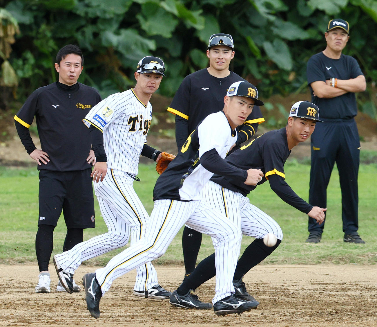 走塁練習する福島圭音（手前）、左から、赤星憲広臨時コーチ、上本博紀2軍野手コーチ、遠藤成、百崎蒼生、平塚スカウト（撮影・上山淳一）