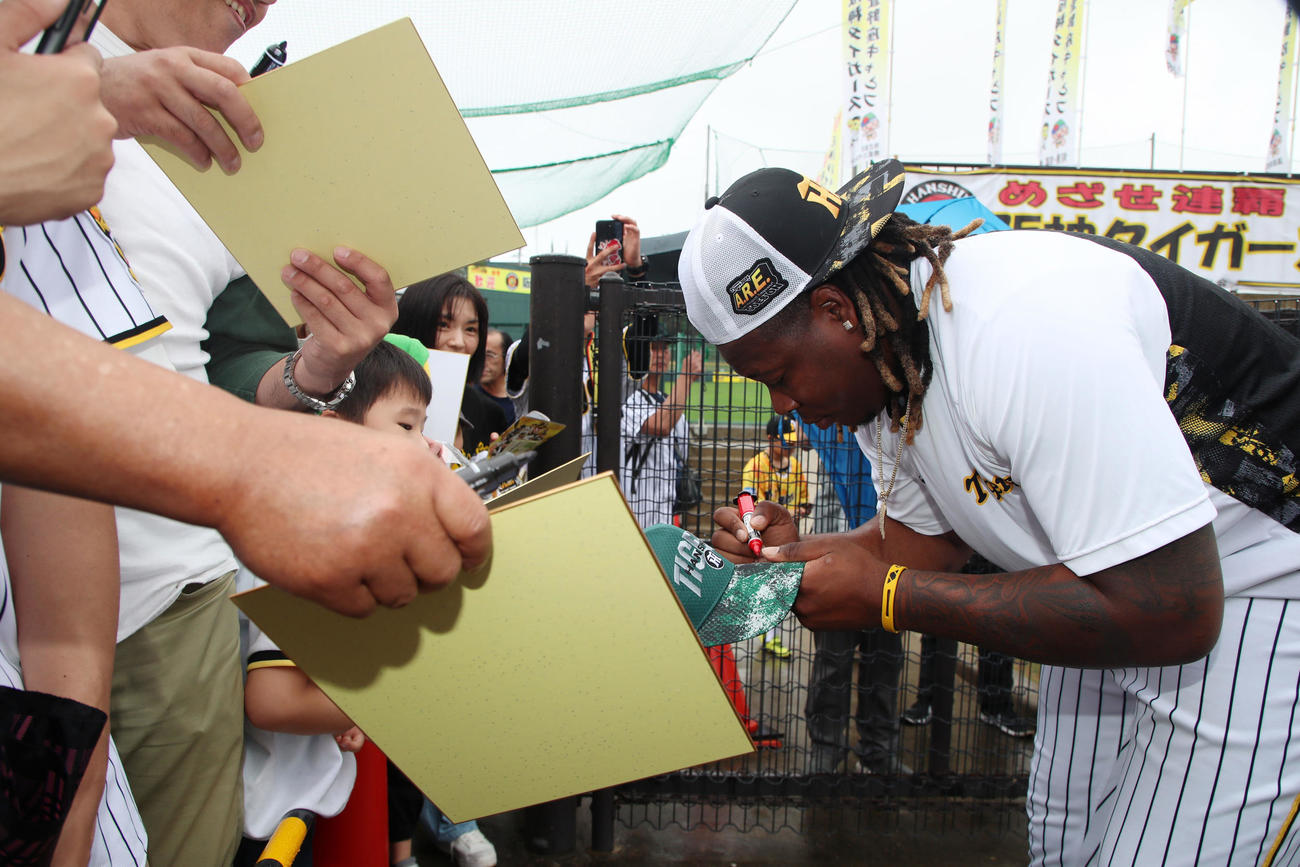 朝から待ち受けるファンにサインするミエセス（撮影・加藤哉）