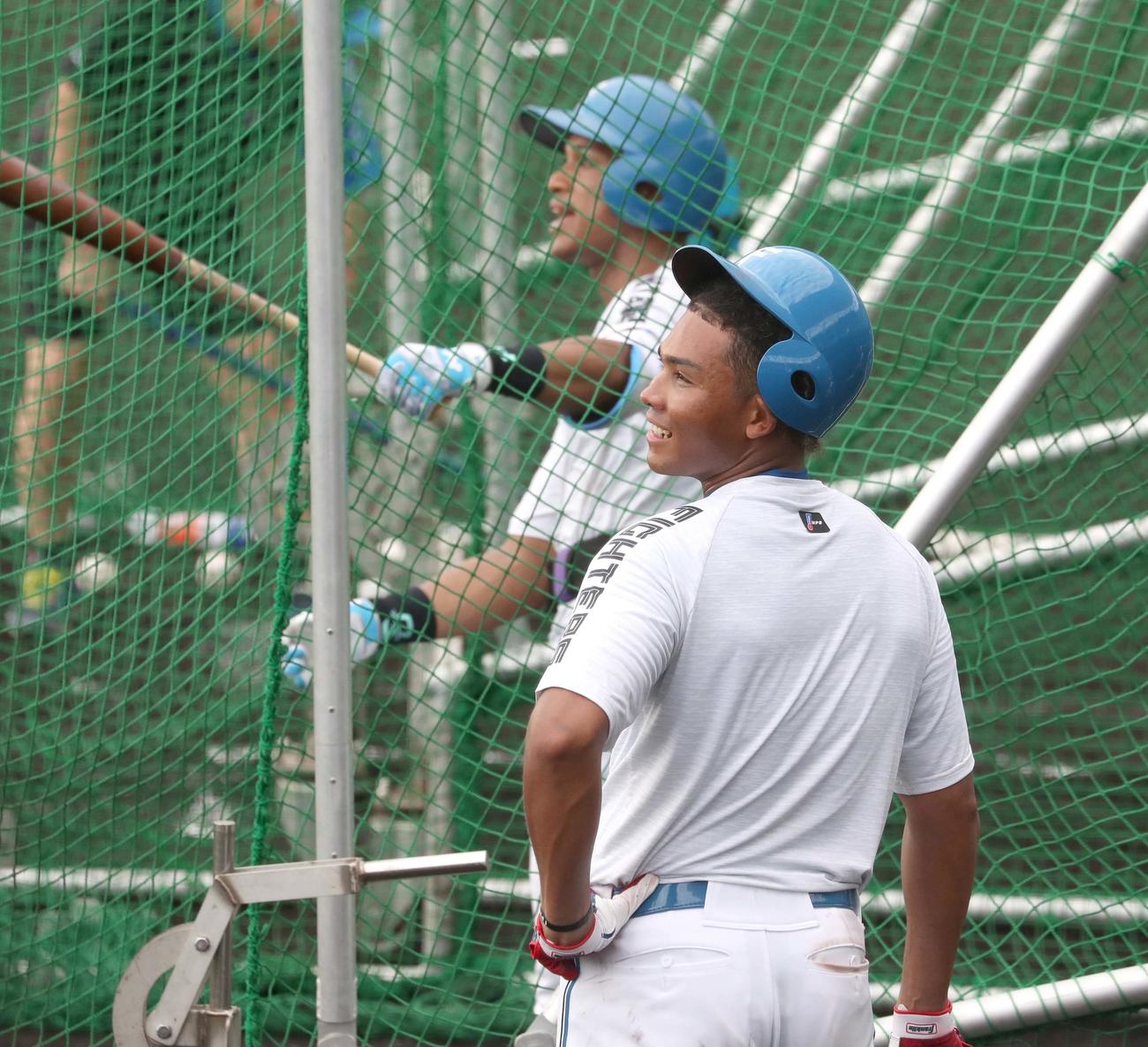 特打で万波の打球を見つめる日本ハム水谷（撮影・黒川智章）