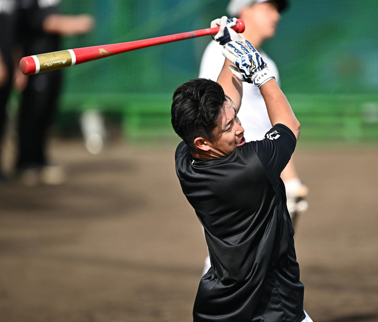 ロングティーするロッテ池田（撮影・滝沢徹郎）