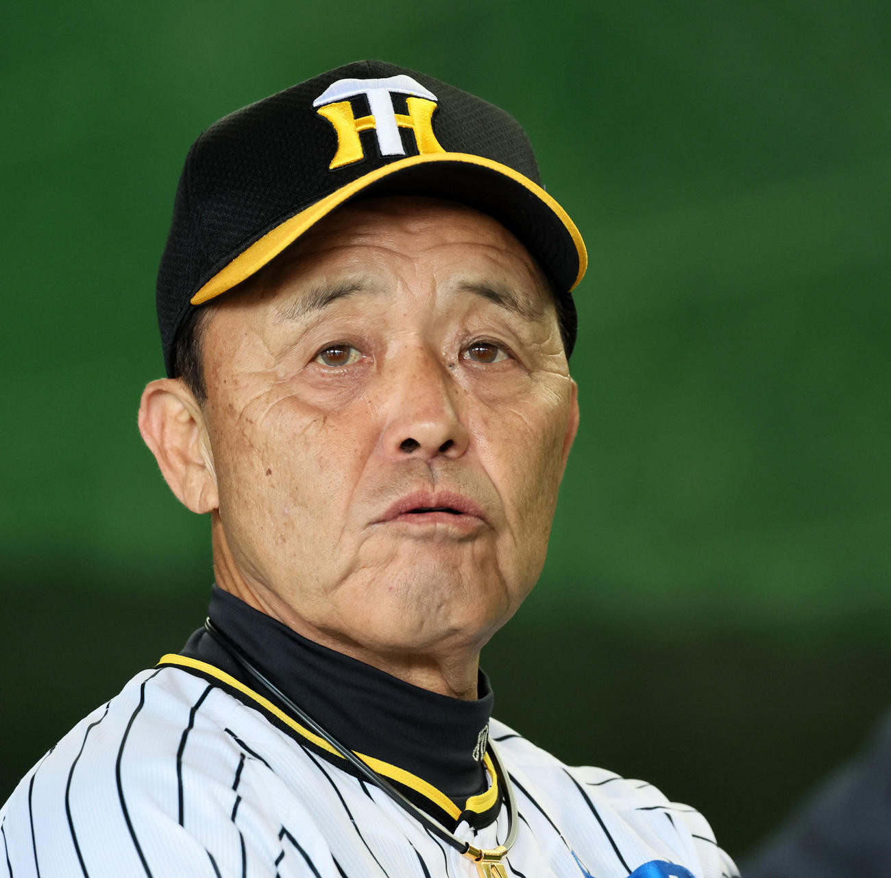 ドームから外の天気を眺める岡田監督（撮影・加藤哉）