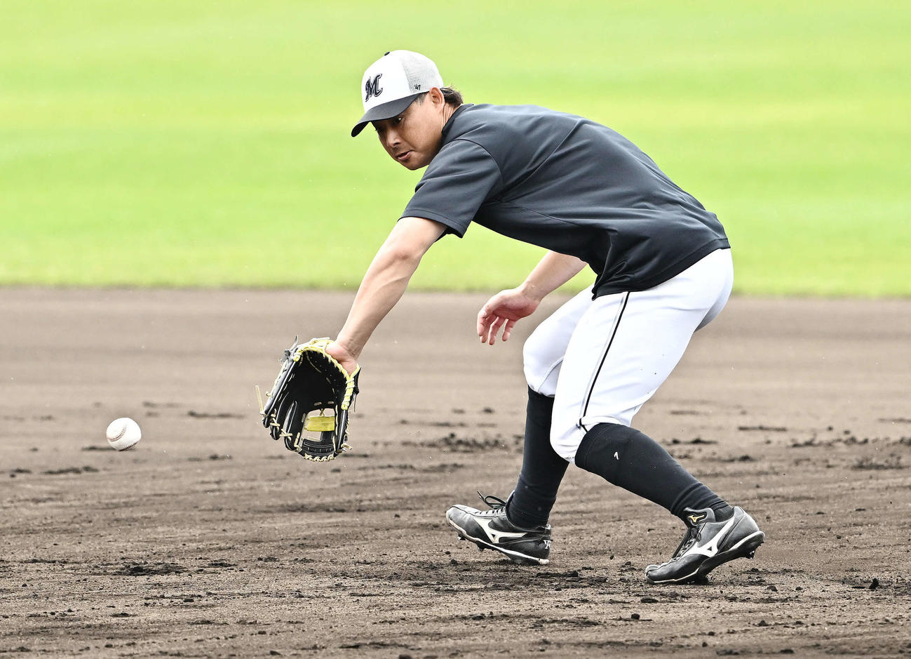 二塁の守備練習するロッテ藤岡（撮影・滝沢徹郎）