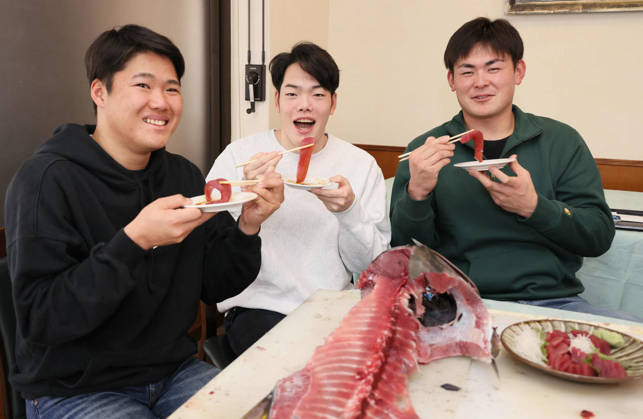マグロの解体ショーを見学しキハダマグロの刺身を味わう、左から広島高、滝田、赤塚（撮影・加藤孝規）