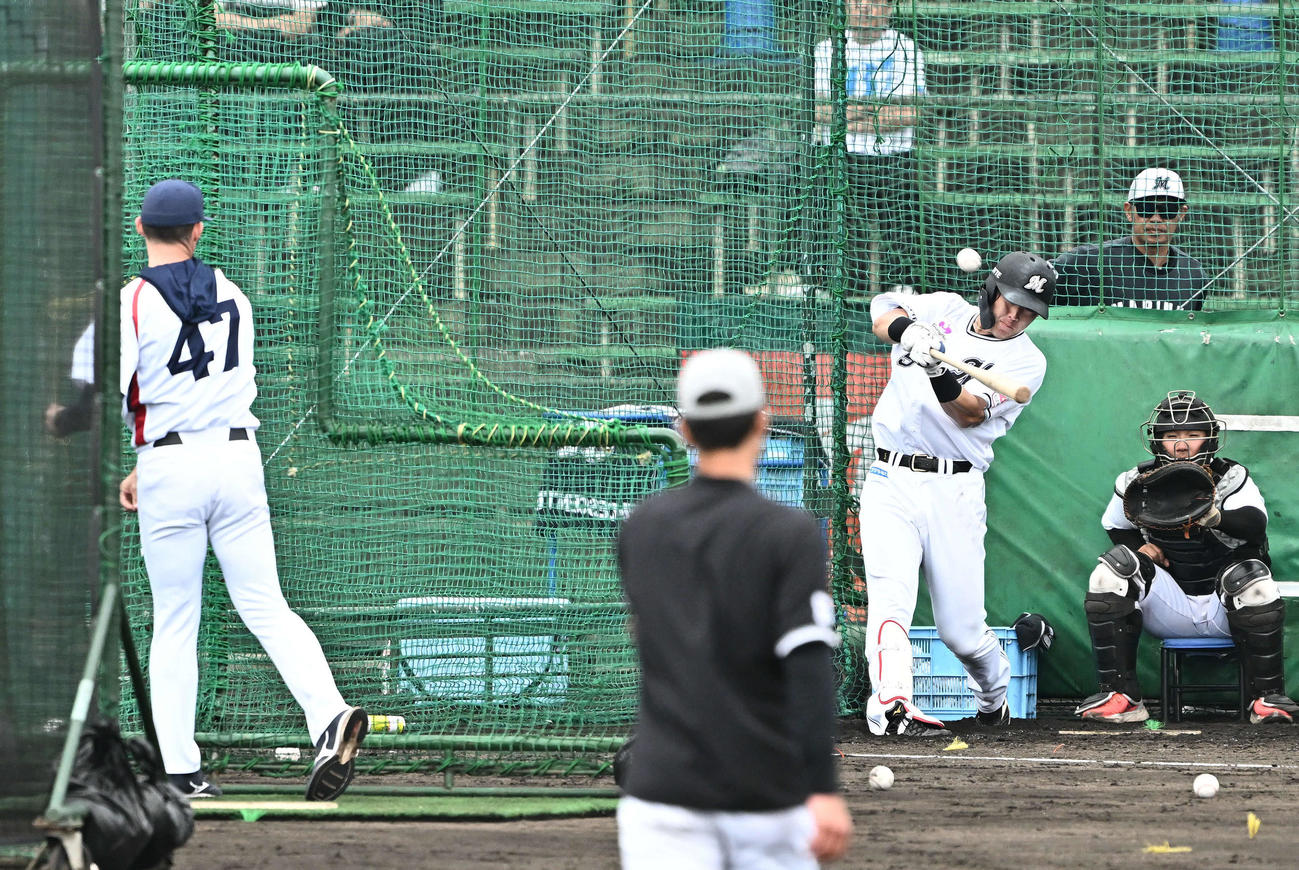 特打で柵越えするロッテ安田。打撃投手チェコ代表ダーハクコーチ（撮影・滝沢徹郎）