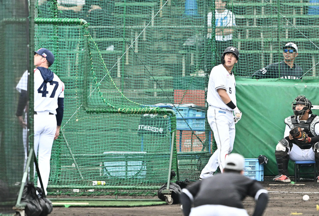 特打で柵越えするロッテ安田。打撃投手チェコ代表ダーハクコーチ（撮影・滝沢徹郎）