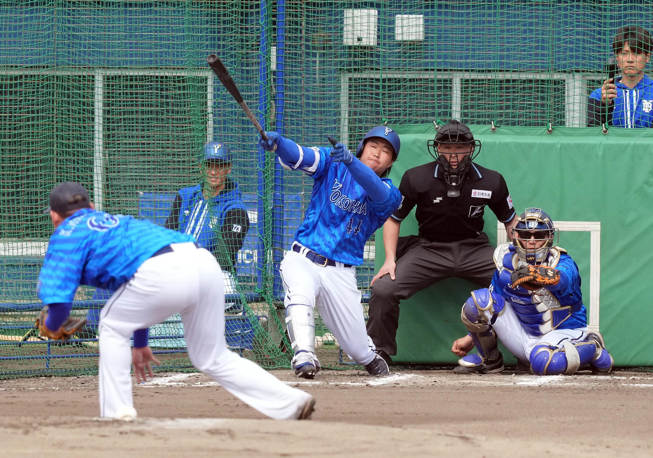 ライブBPで安打性の当たりを見せるDeNA石上（撮影・たえ見朱実）